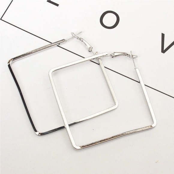 Silver Square Metallic Hoop Earrings - Picture 7 of 8